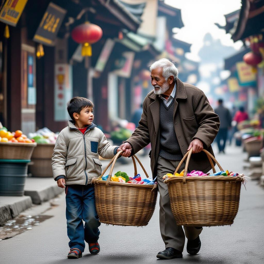 Boy Helping Elderly Man With Baskets