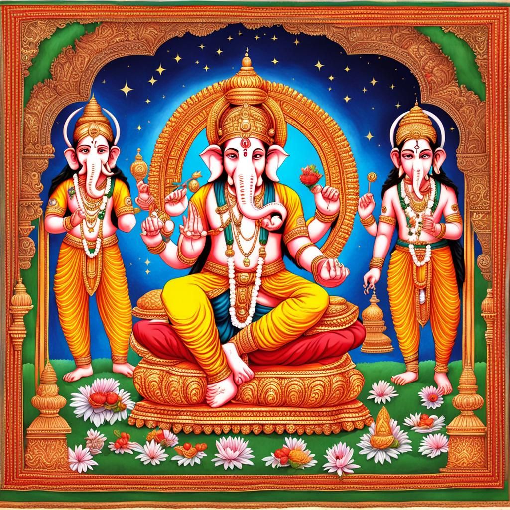 Krishna Ganesha Shiva Resurrection in Ravi Varma Style