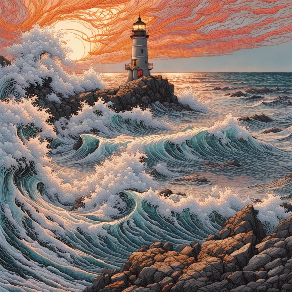 Ukiyo-e Embroidery: Lighthouse Sunset Scene
