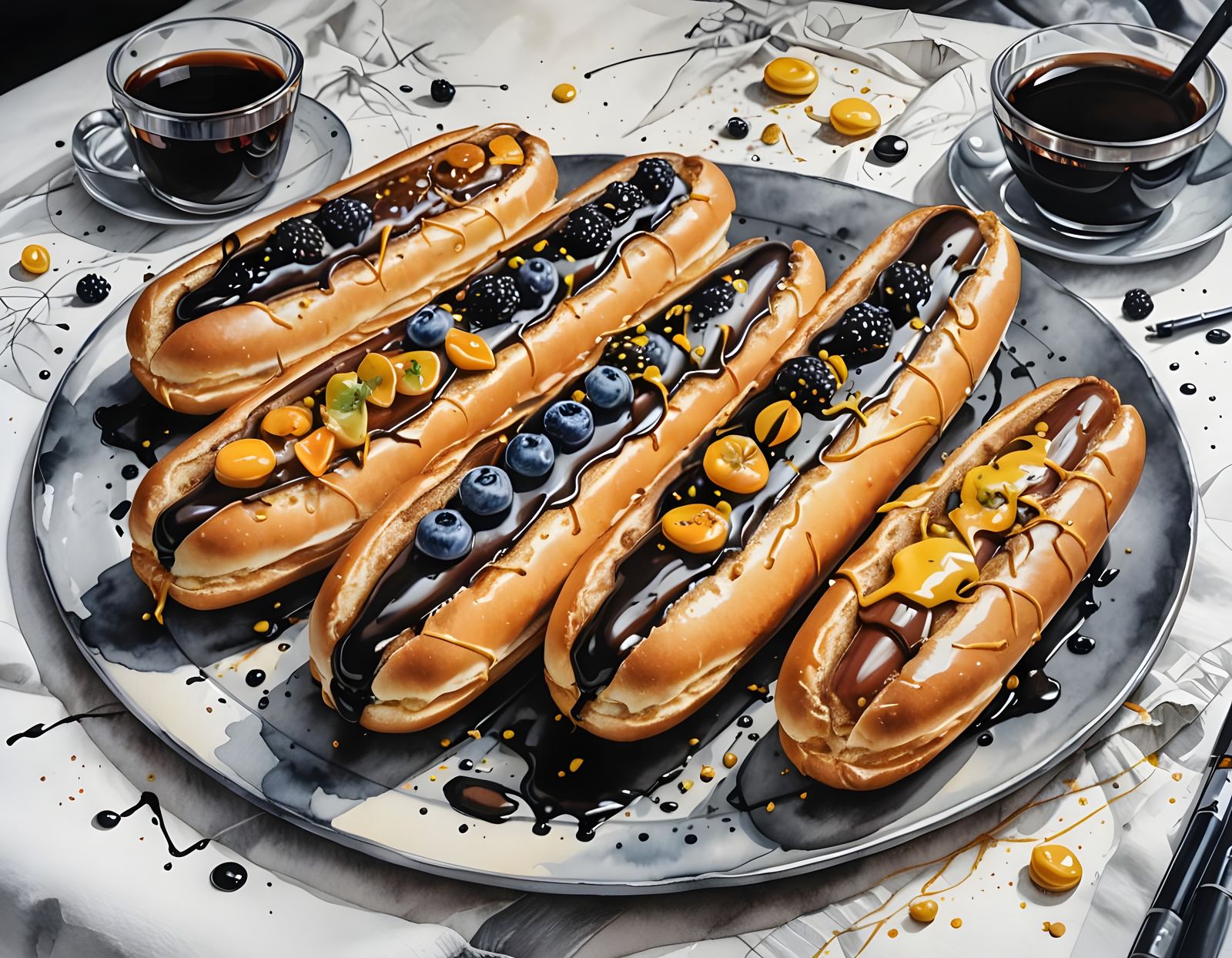 Eclairs in Double Exposure Watercolor Pencil Drawing