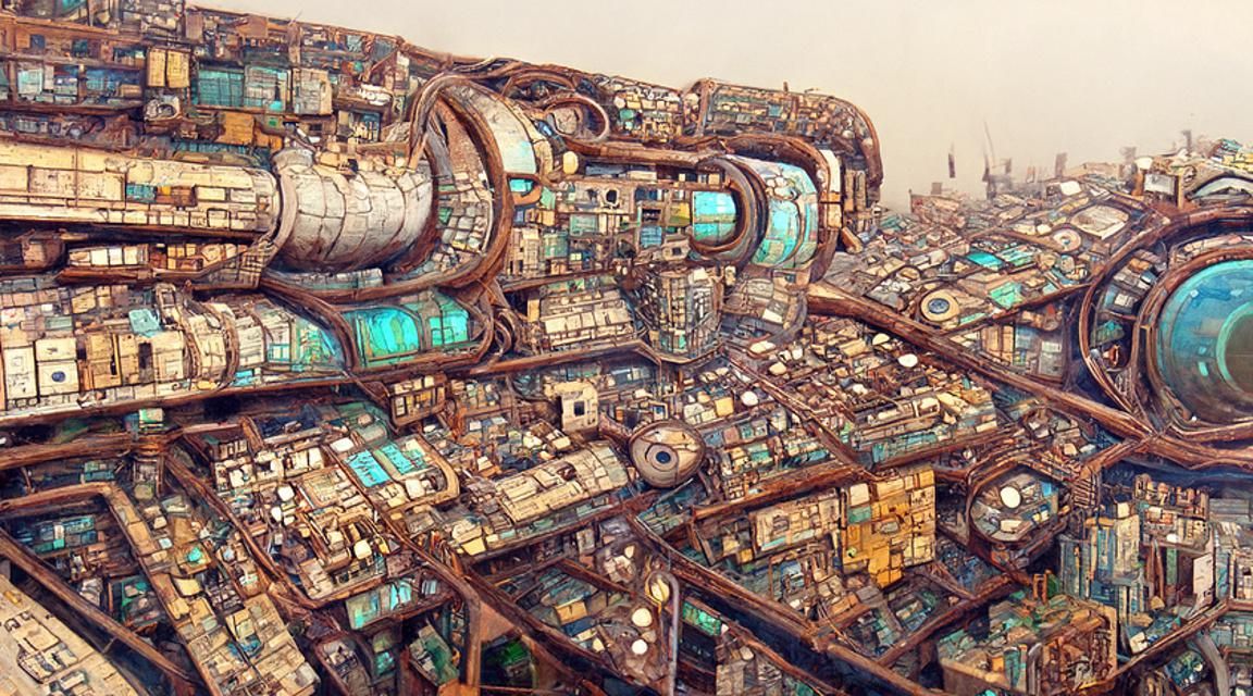 Cyber Tech City Aerial View in Cyberpunk Style