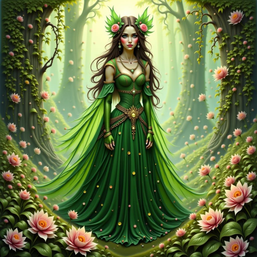 Seelie Fae Queen on Floral Dais, in Faerie Art Style