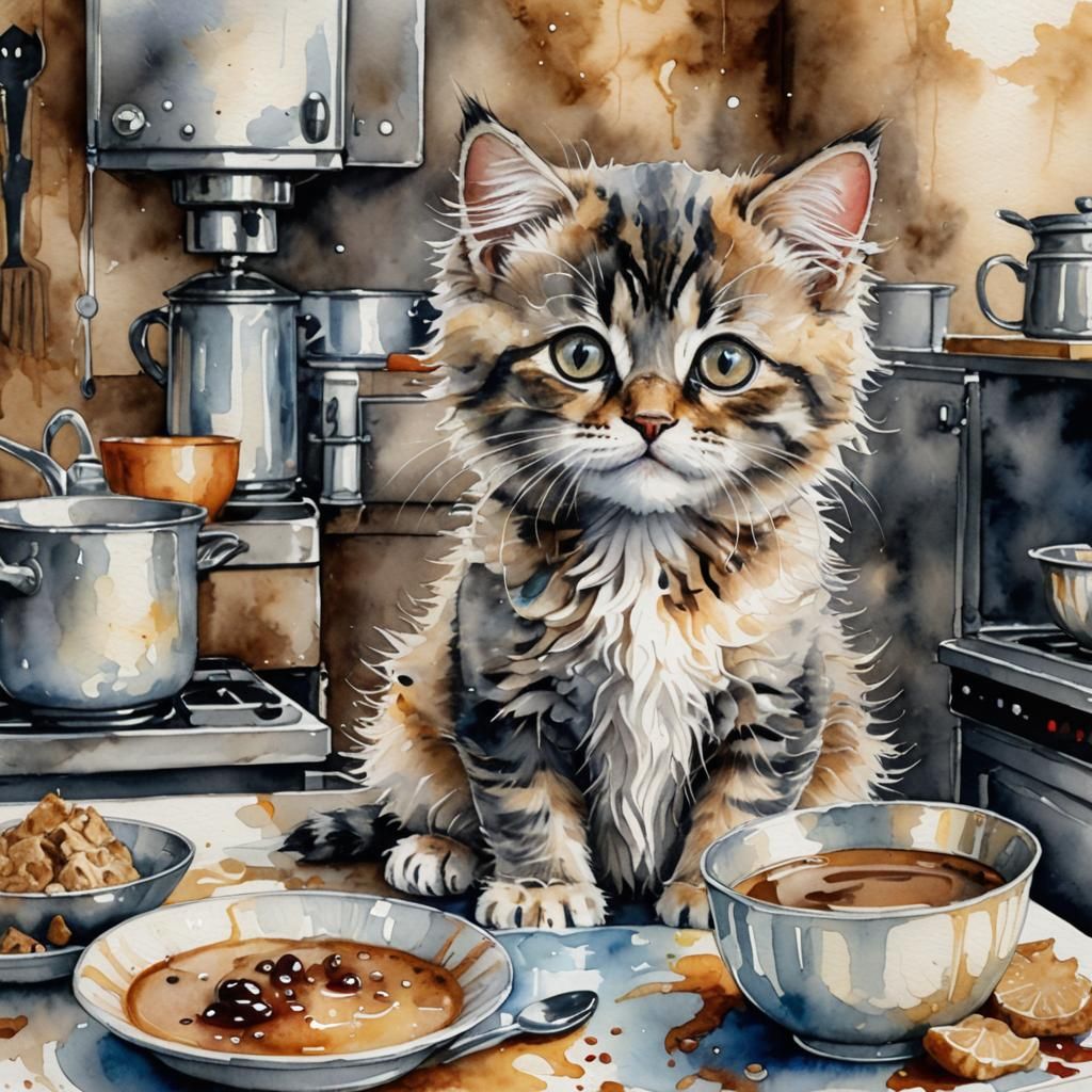 Hungry Kitten in Watercolor Kitchen Scene