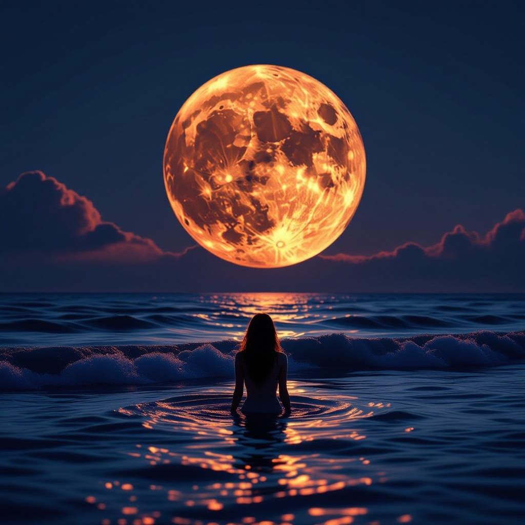 Blood Moon Touches Ocean Waves Under Fall Sky