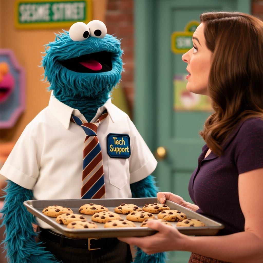 Cookie Monster as Tech Support Helping Woman with Cookies