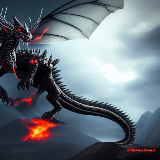 Terrifying Black Dragon Fafnir in a Fantasy Warzone