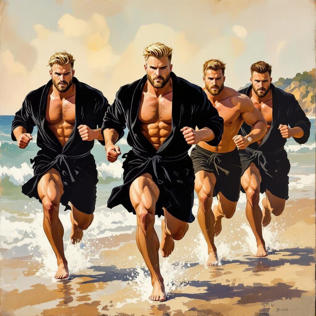 Five Handsome Blond Men Running by the Sea in Gouache Style