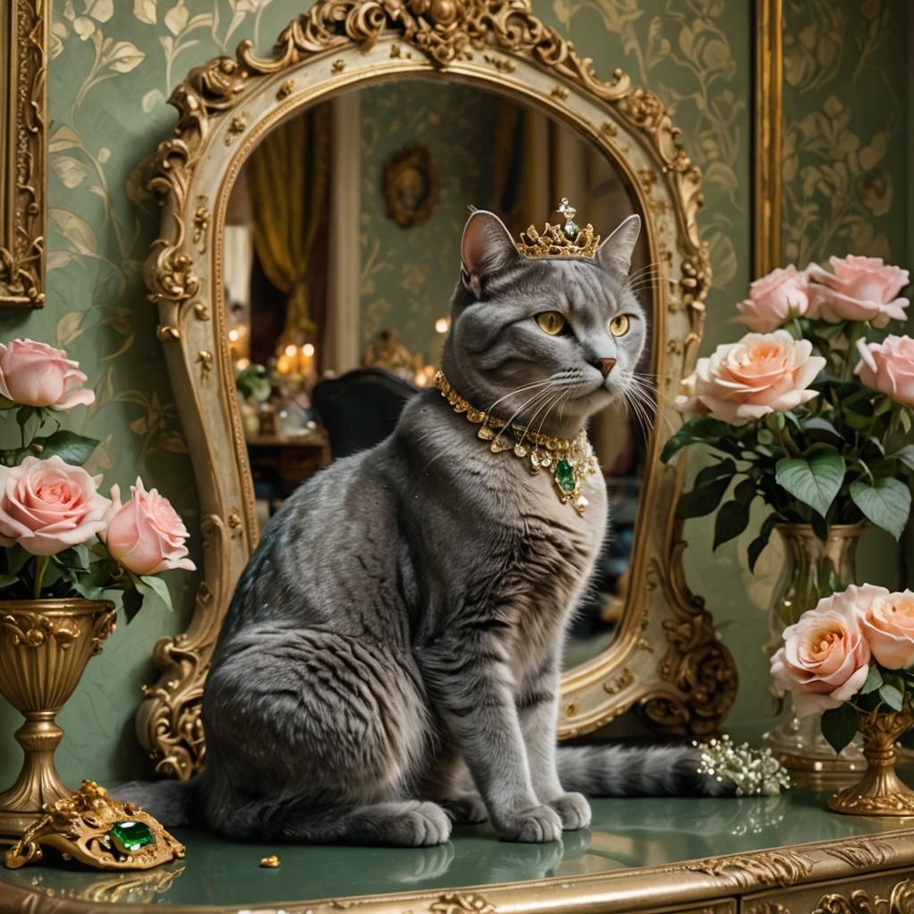 Woman Pets Jeweled Cat in Victorian Bedroom