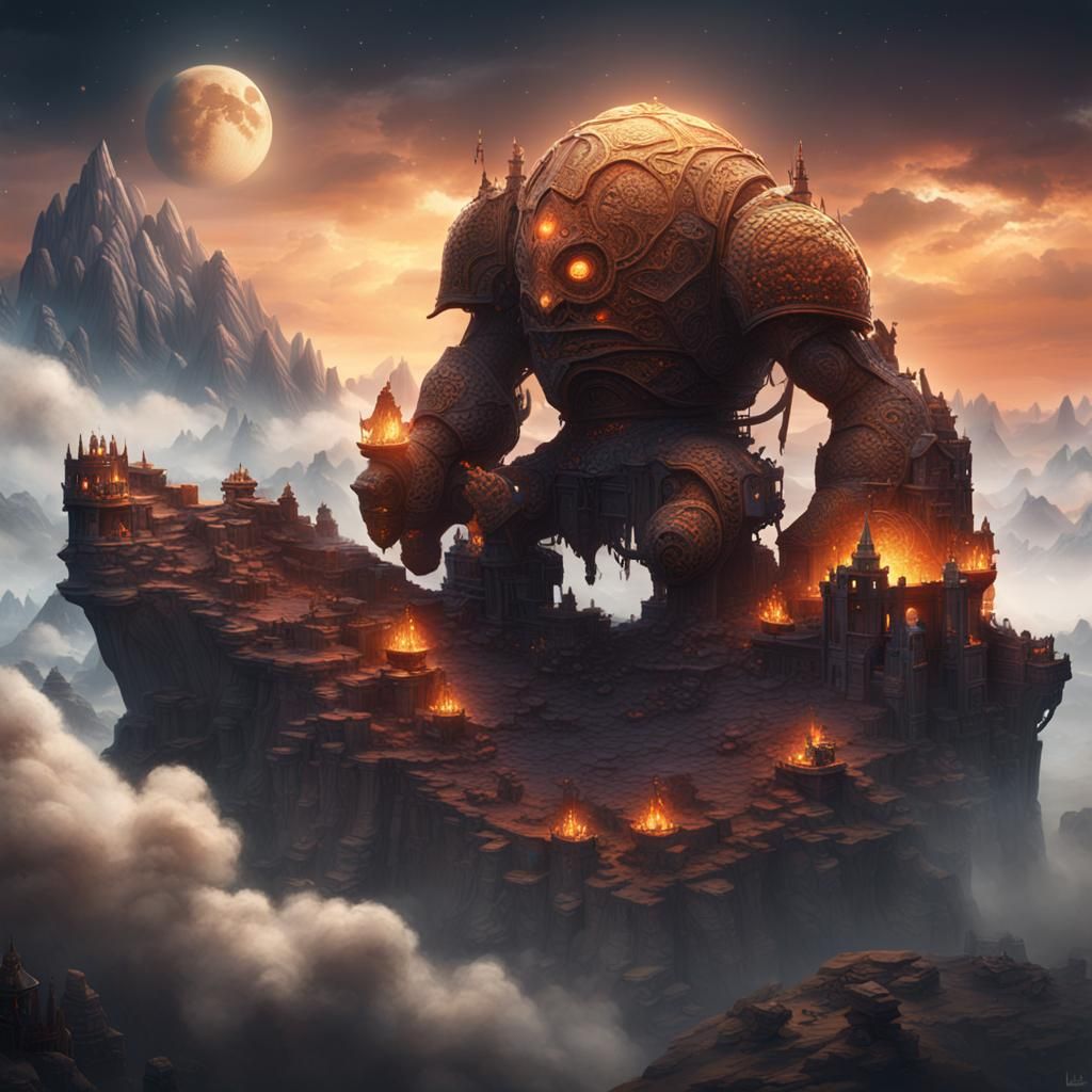 Fire Golem Ascending Mountain in Fantasy Art