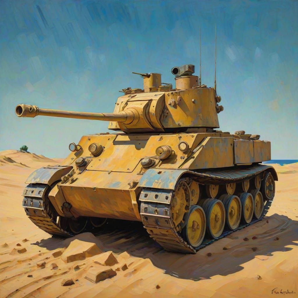 Battle-Hardened British Tank in North African Desert Landsca...