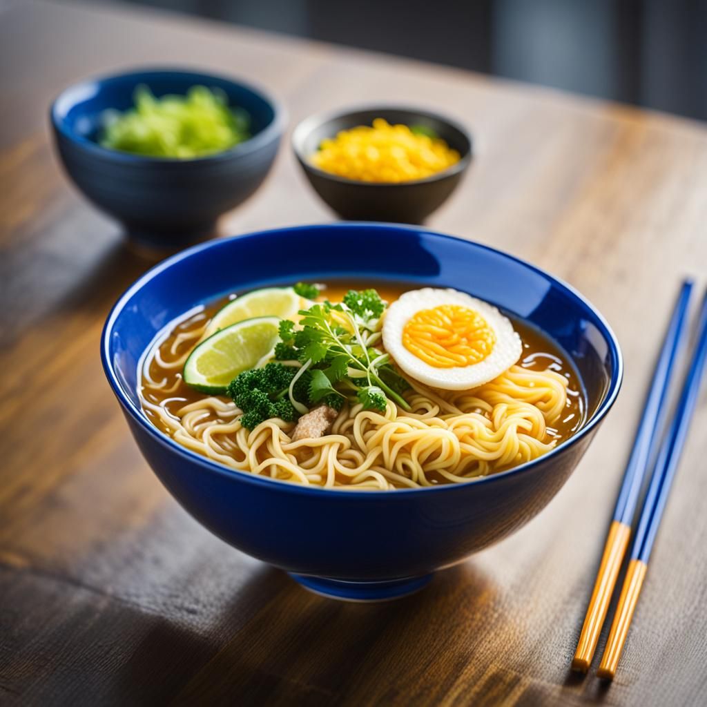 Blue Bowl of Yellow Ramen: Professional Photography