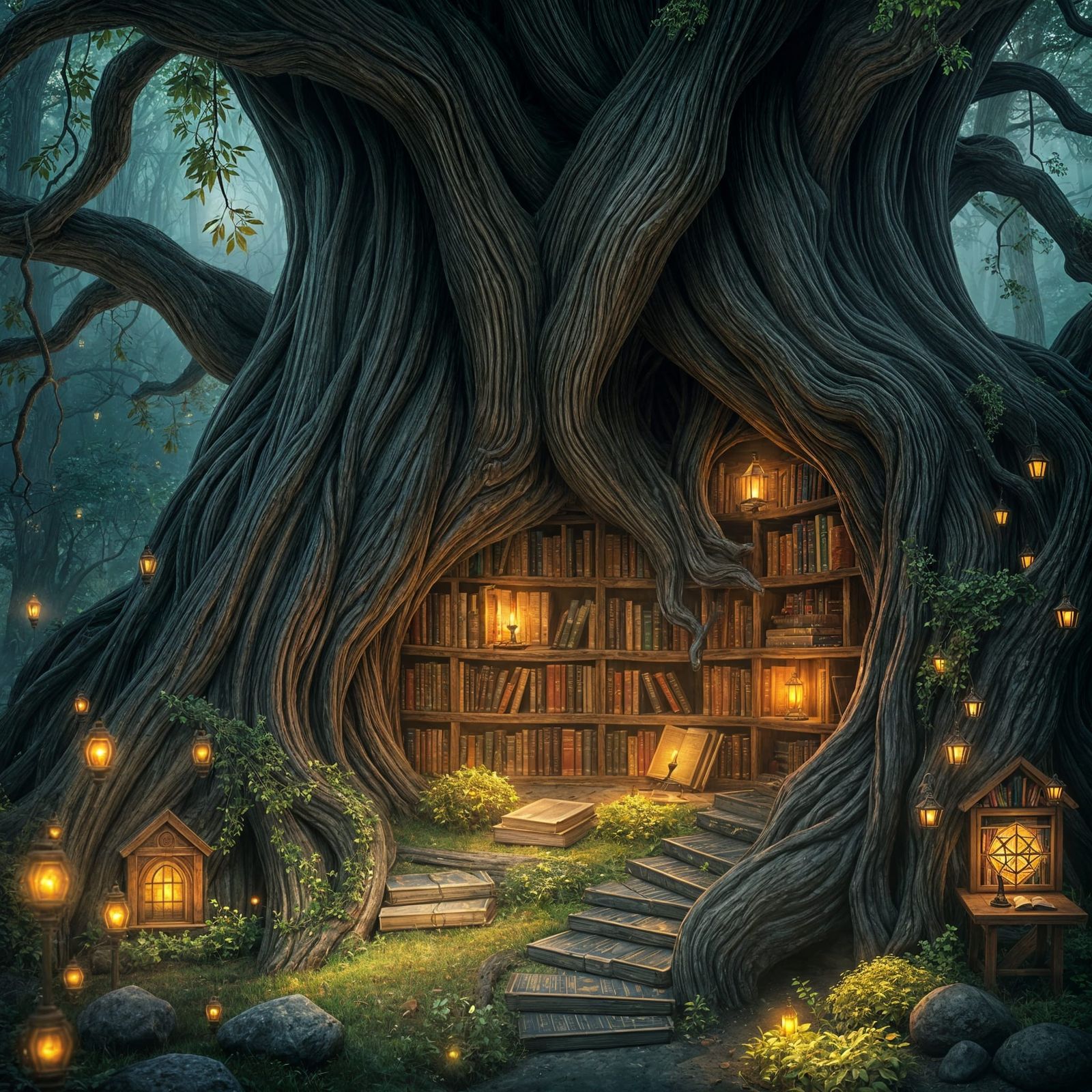 Magical Library Inside Giant Tree, Glowing Books, Fantasy Ar...
