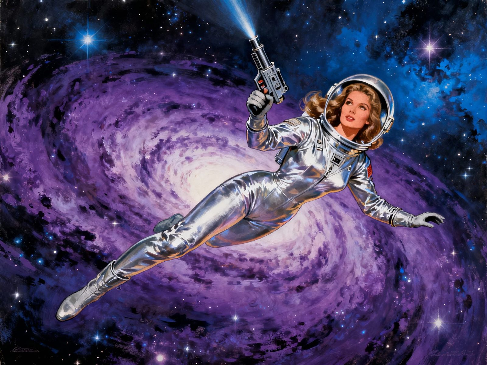 Glamorous Astronaut in Nebula - Vintage Sci-Fi Art