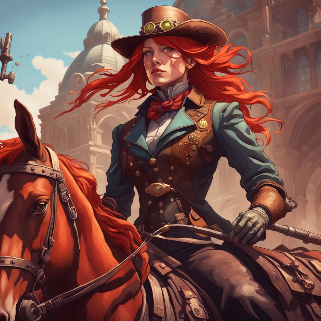 Steampunk Gunslinger on Horse, Hyperdetailed Portrait