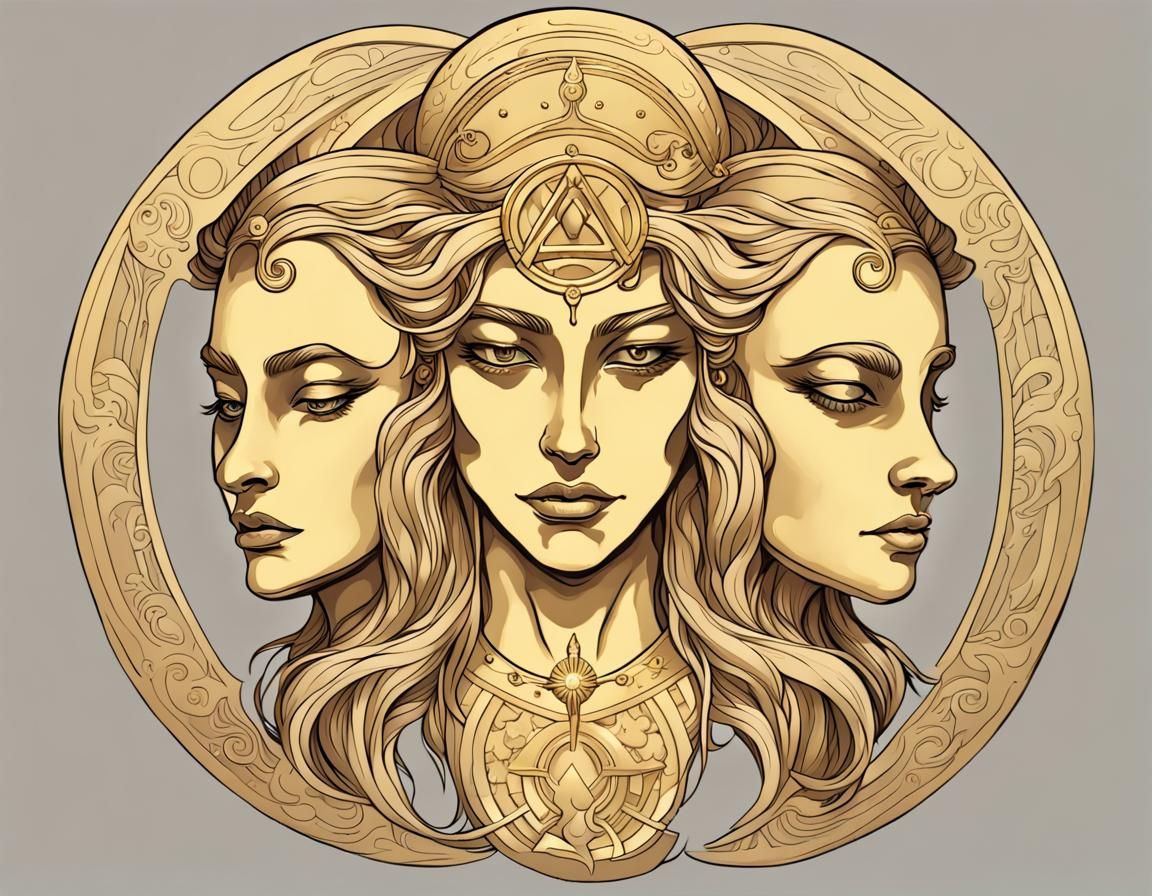 Golden Three-Faced Goddess Symbol in Fantasy Art