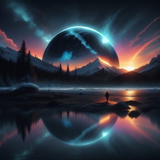 Winter Solstice Scene with Neon Reflections