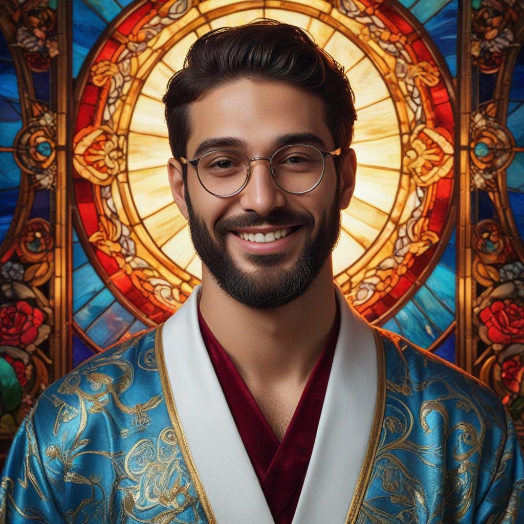 Joyful Iranian Man in Art Nouveau Portrait