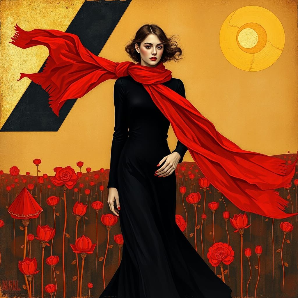 Woman in Red Scarf: Art Nouveau and Expressionism