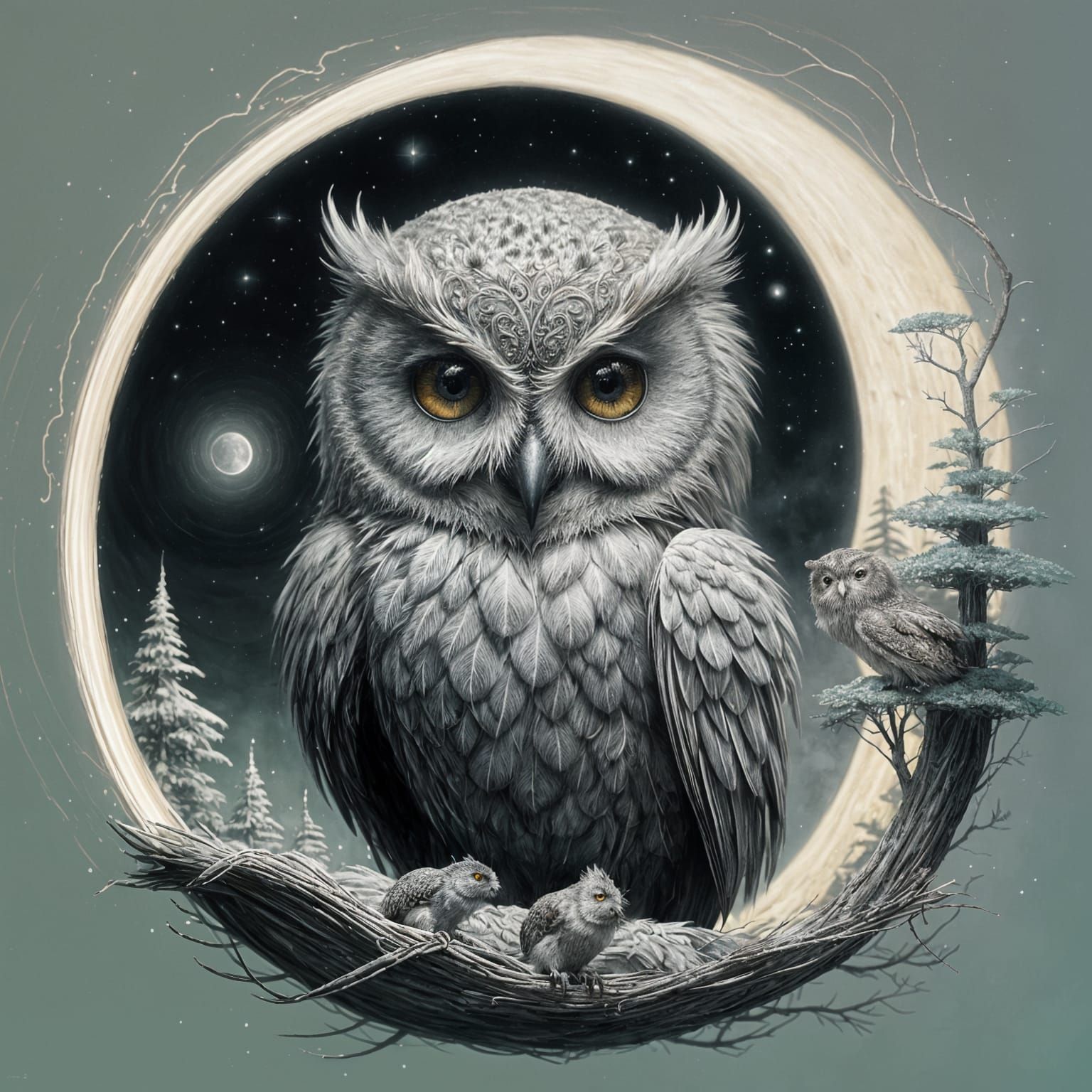 Fluffy Owl on Crescent Moon in Watercolor Style