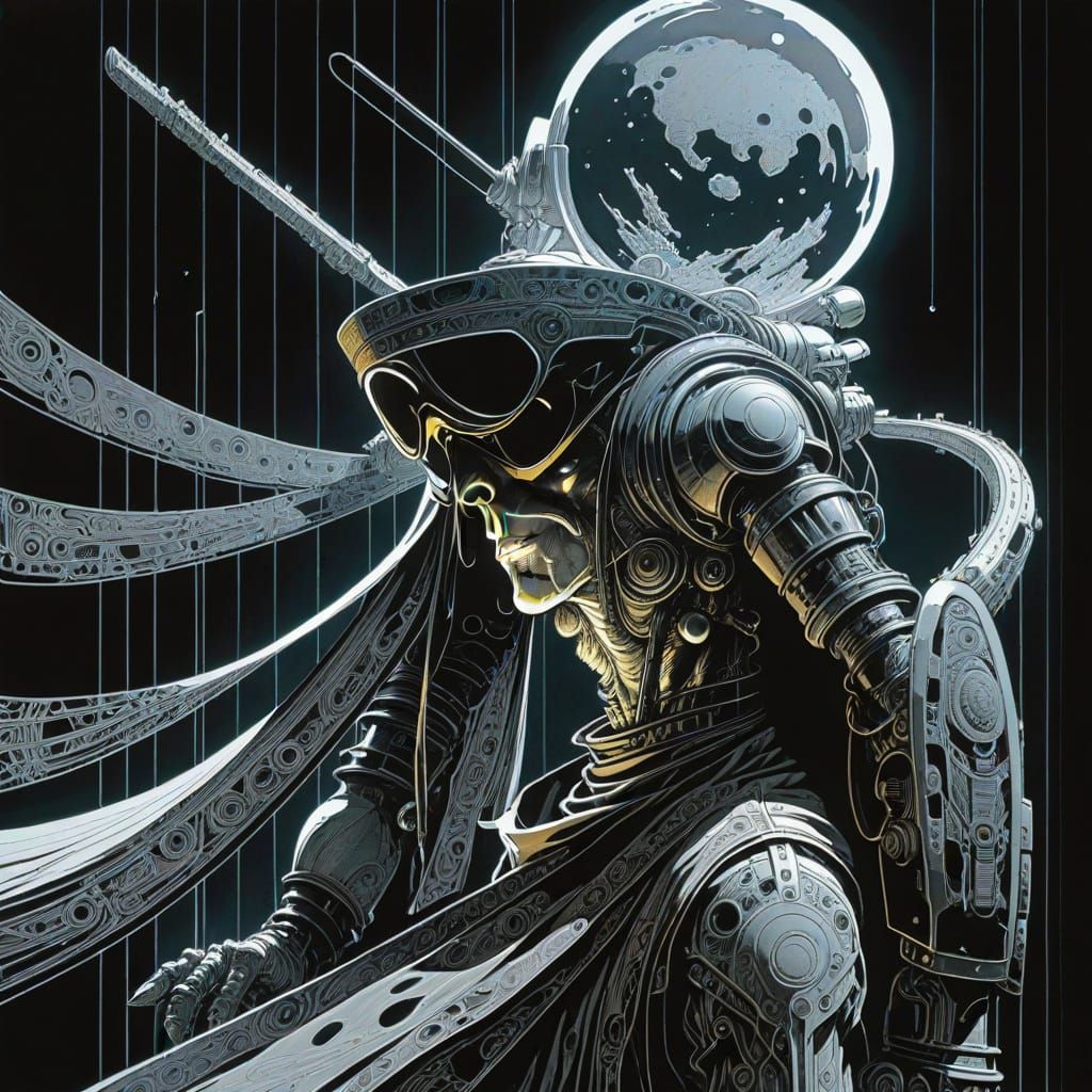 Elegant Monochromatic Ink Drawing in the Style of Moebius