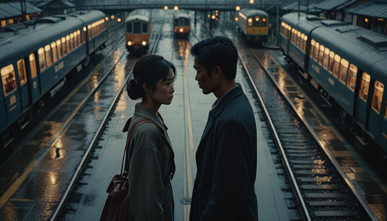 Romantic Film Still of Japanese Woman and Indonesian Man