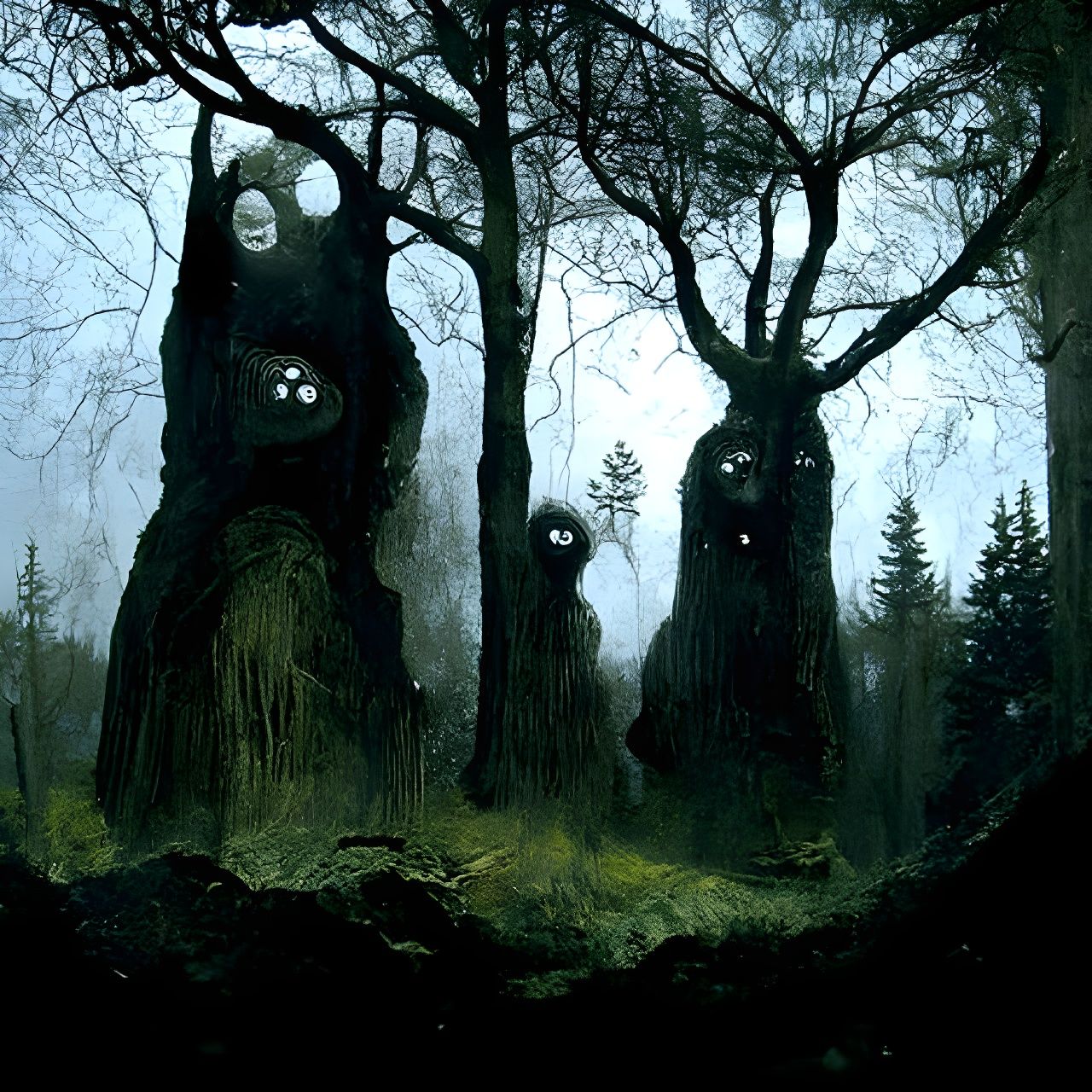 Haunted Trees in Eerie Forest: Fantasy Illustration