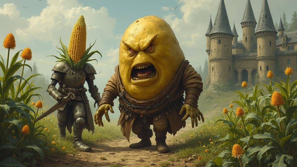 Dark Potato Knight and Corn Cob Crusader in Lush, Vibrant La...