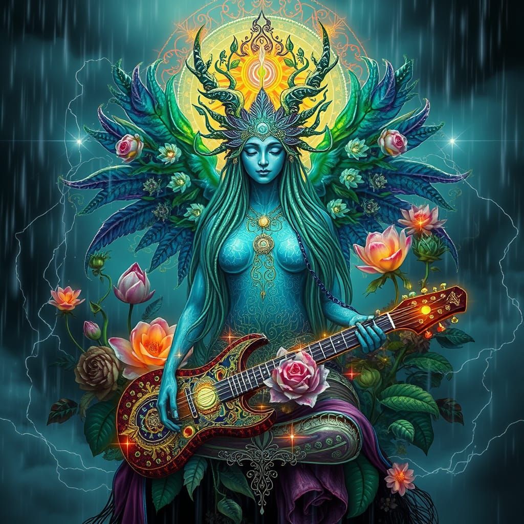 Mystical Goddess of Resilience and Hope in Vibrant Botanical...