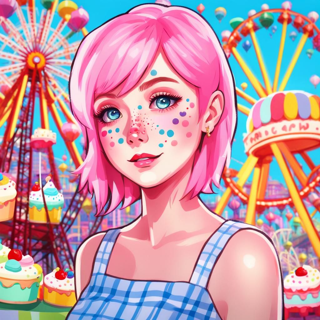 Anime Woman at Funfair with Pastel Cakes