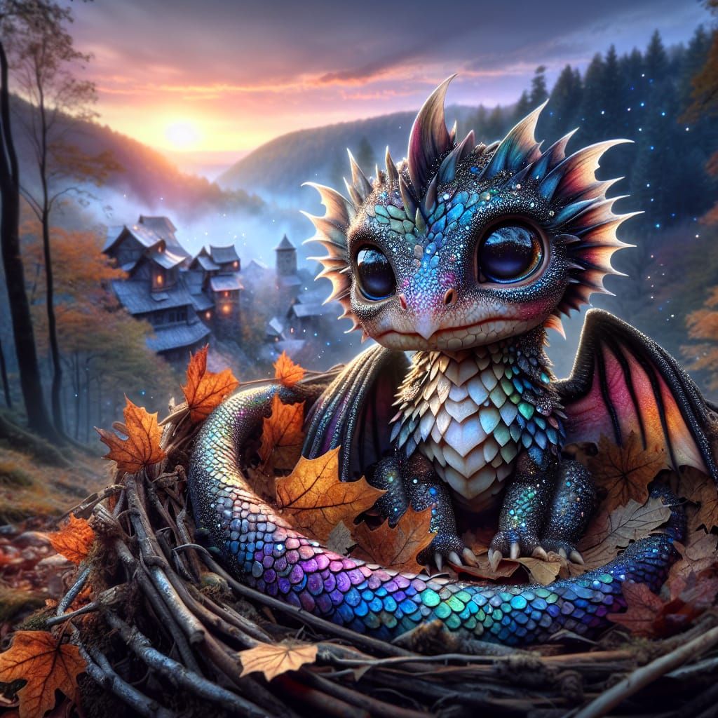 Iridescent Baby Dragon in Autumn Nest Watercolor Art
