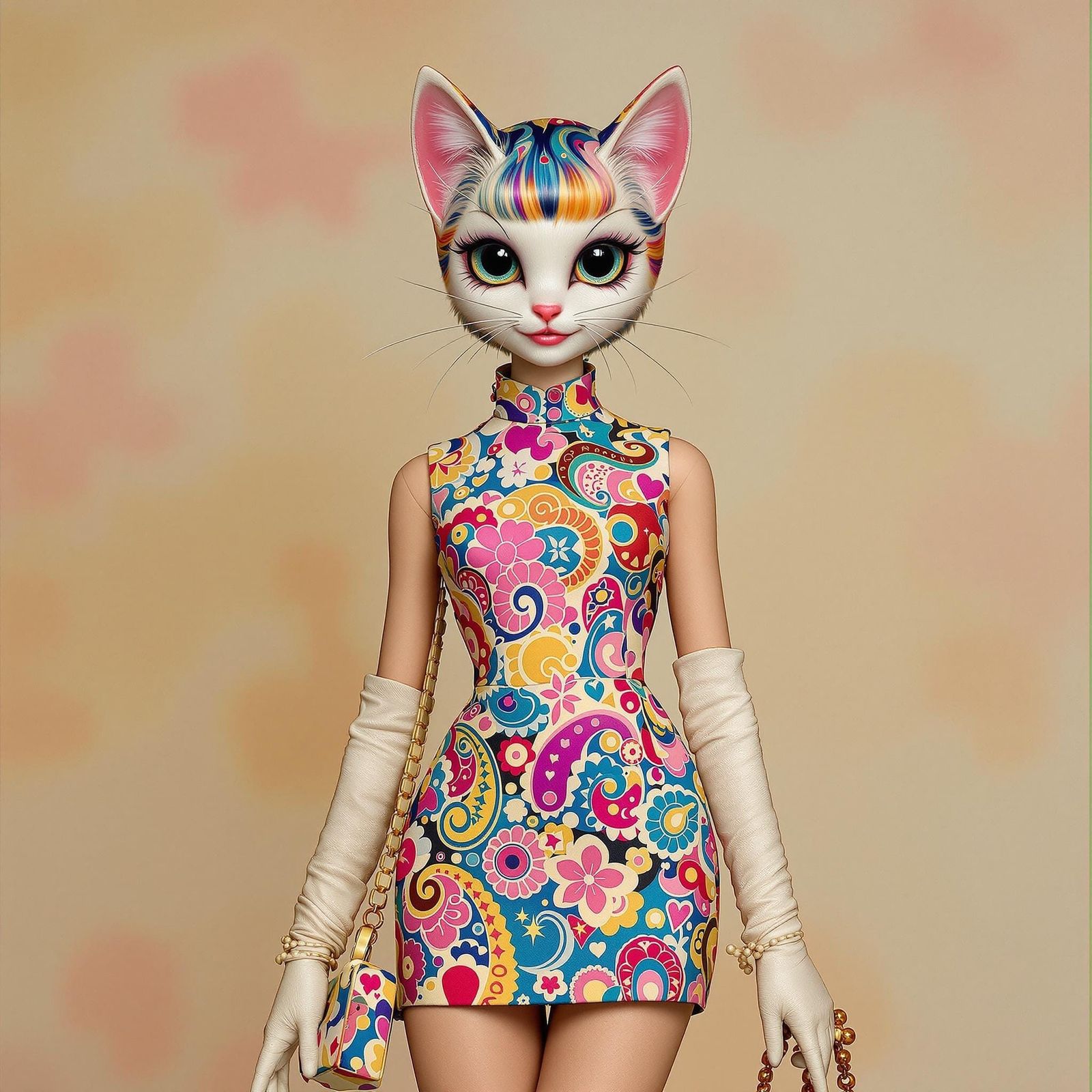 Retro Japanese Doll in Psychedelic Paisley Dress