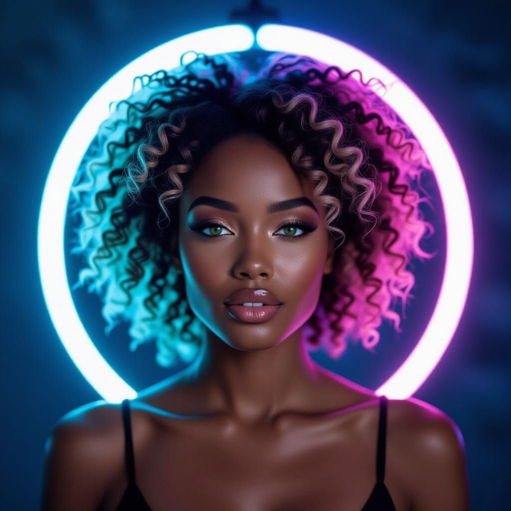 Confident African Woman in Cyberpunk Neon Studio Portrait