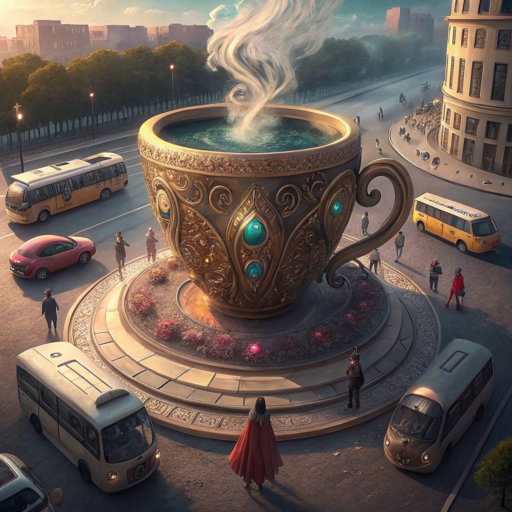 Giant Ornate Coffee Cup in Busy Roundabout