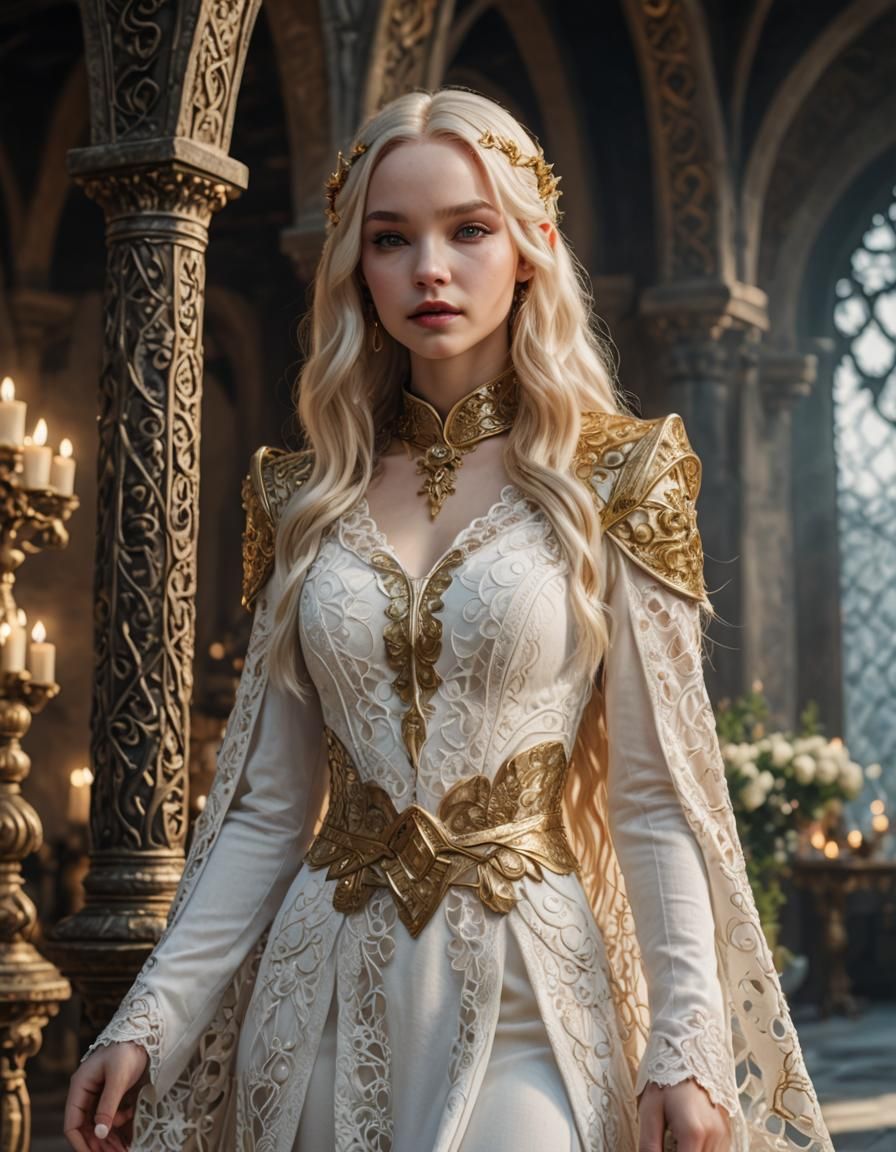 young pretty elf woman long hair and curvy blonde dove cameron in fantasy white clothes with gold accents 4k close up la...