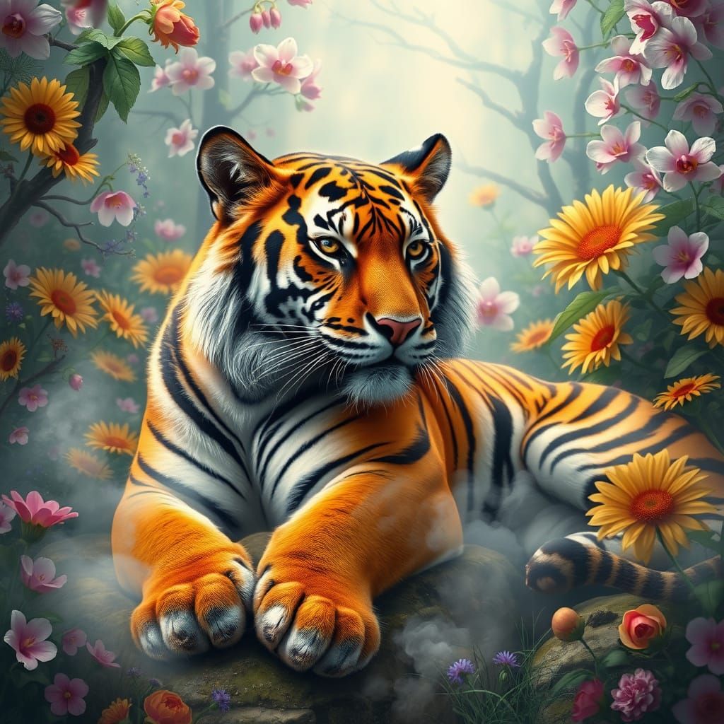 Surreal Tiger in Whimsical Garden Paradise
