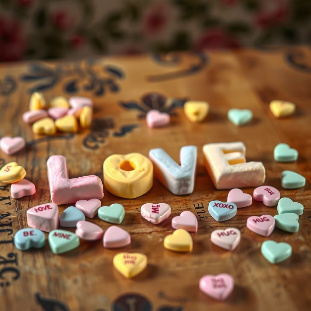 Pastel Conversation Hearts Form Whimsical LOVE Message