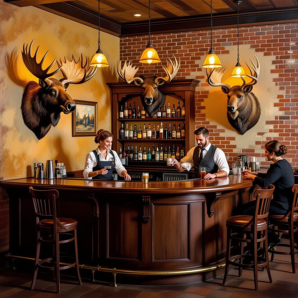 Impressionistic Bar Scene with Animal Trophies