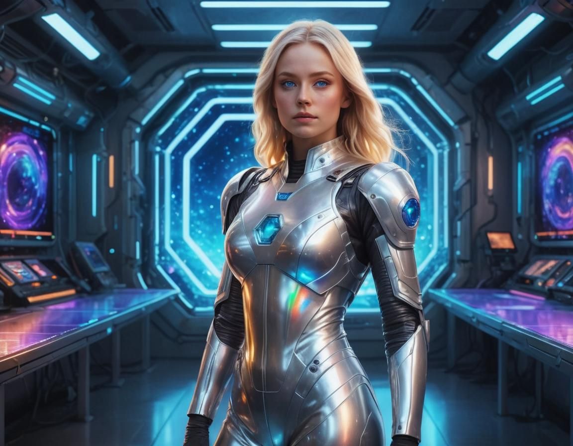 Silver Space Suit Superhero in a Vibrant Neon Rainbow Backgr...