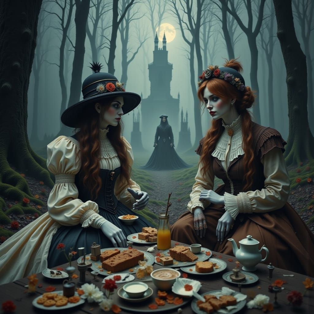 Macabre Victorian Picnic in Moonlit Forest
