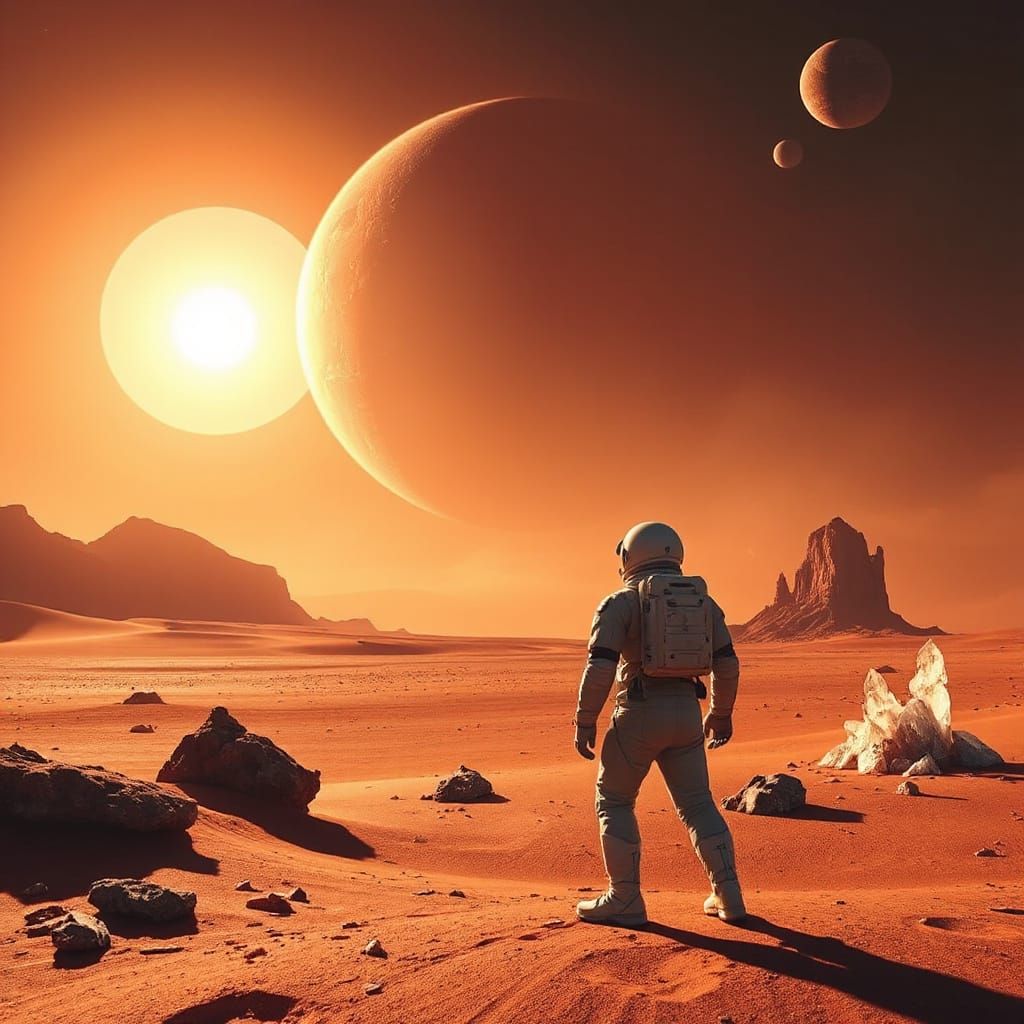 Astronaut on Crimson Planet Gazing at Gas Giant