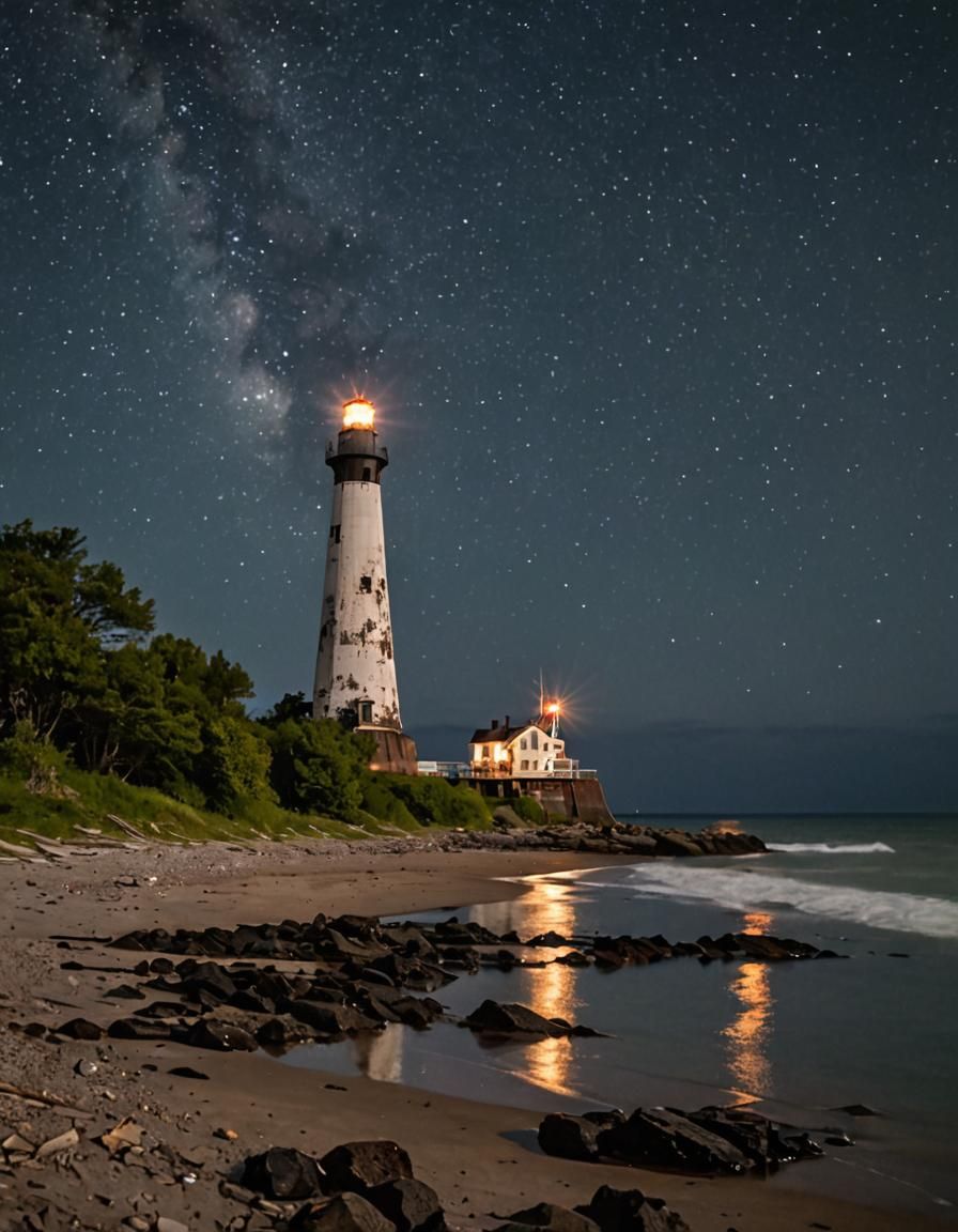 Abandoned Lighthouse at Night with Freighter