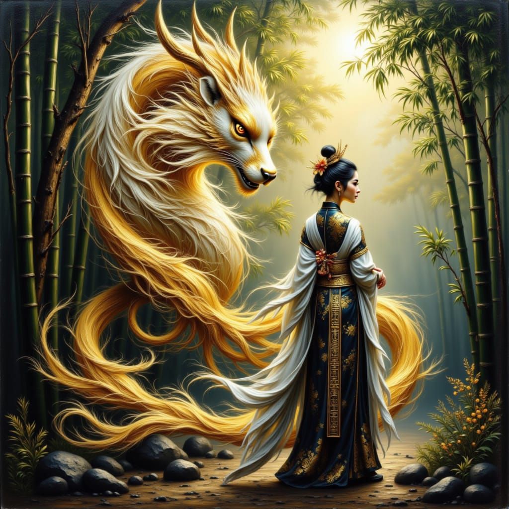 Geisha Samurai With Kitsune In Misty Bamboo Grove