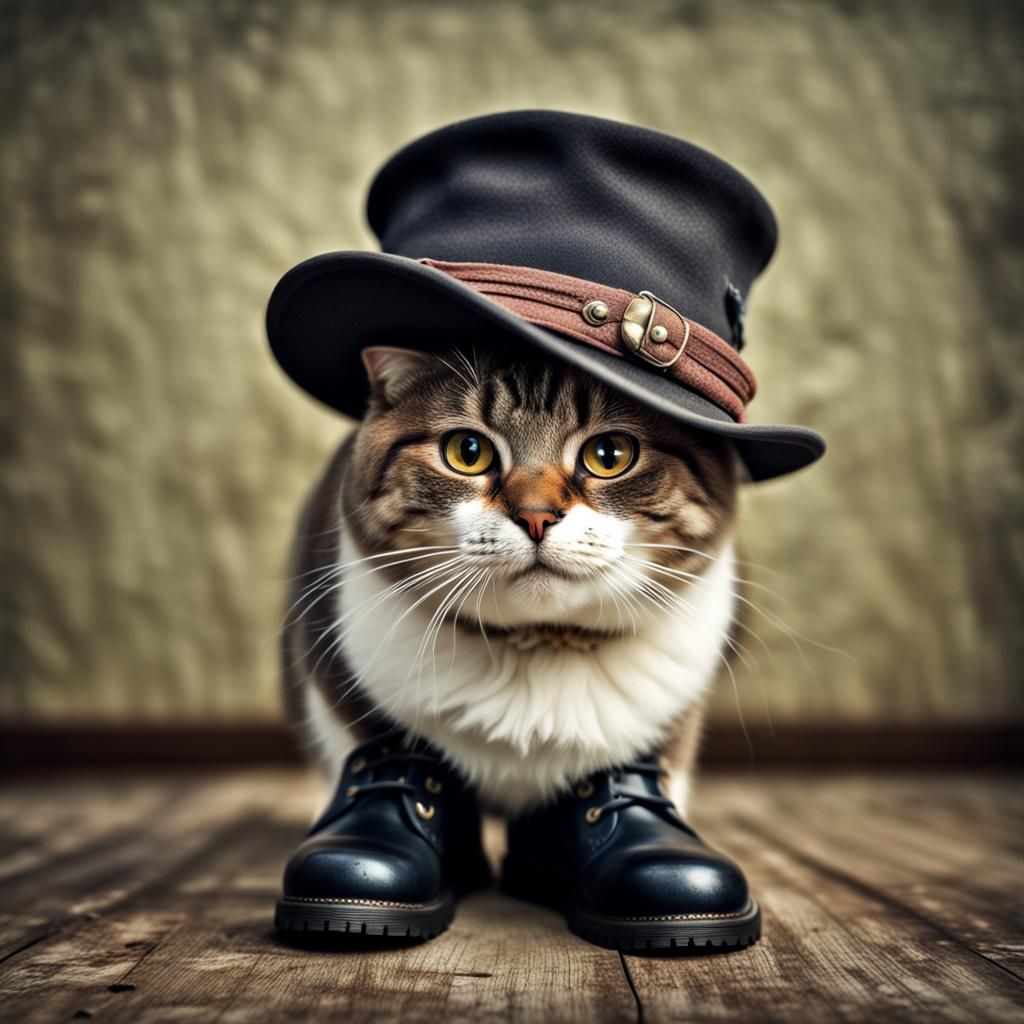 Chubby Cat in Boots and Hat, Hyperrealistic
