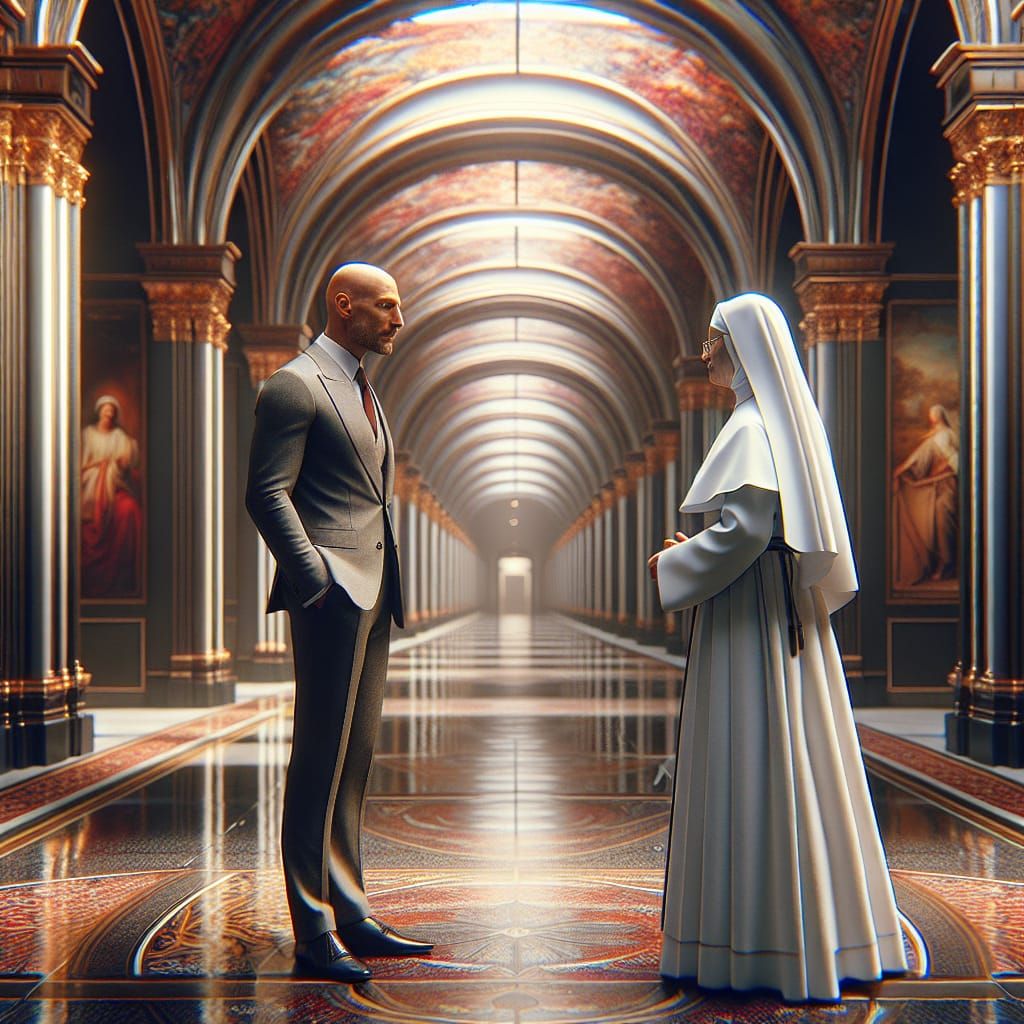 Man Talking to Nun in Hospital Corridor