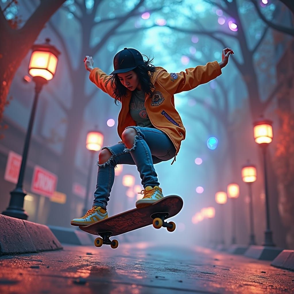 Skateboarder Kickflip in Neon Skate Park, Fantasy Art