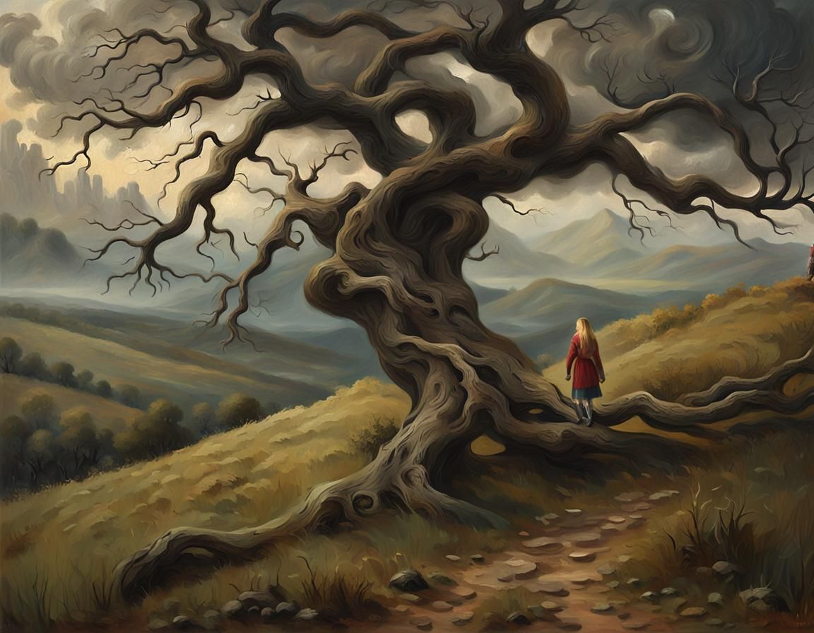 Eerie Landscape of Girl and Tree in Impressionist Style