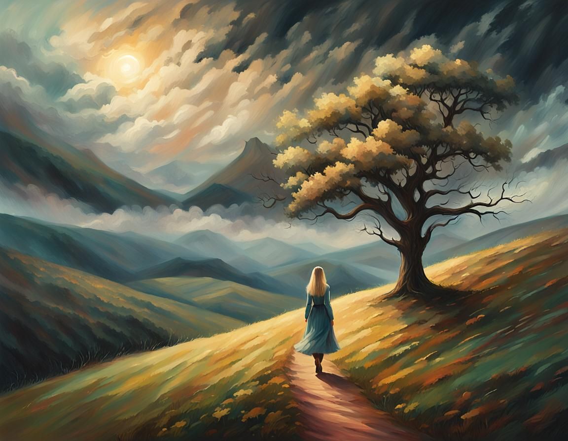 Ethereal Landscape: Girl Under a Stormy Sky