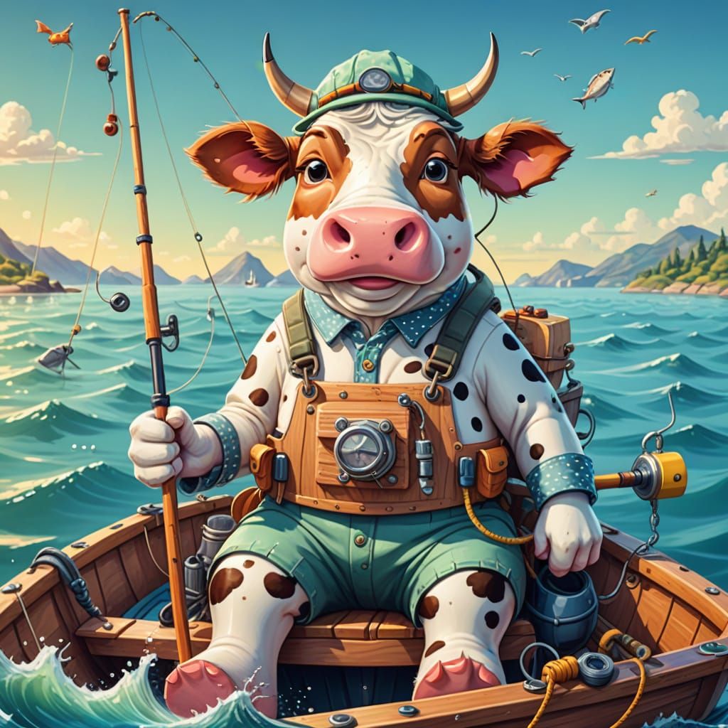 Fishing Cow in a Quirky Ocean Scene
