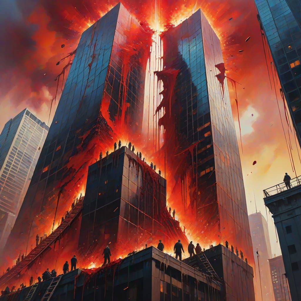 Surreal Blood Waterfall on City Skyscraper in Oil Painting