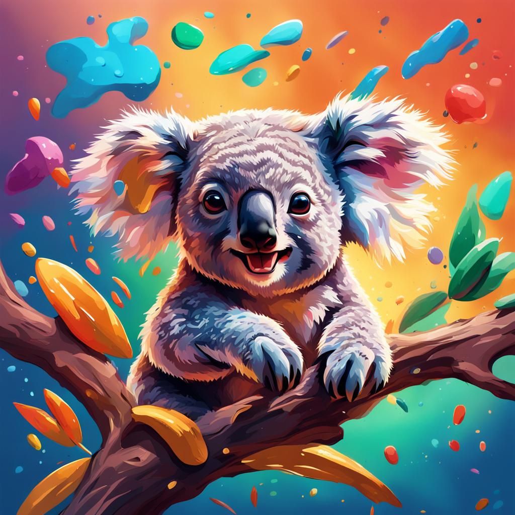 Hyperrealistic Painting of Happy Baby Koalas